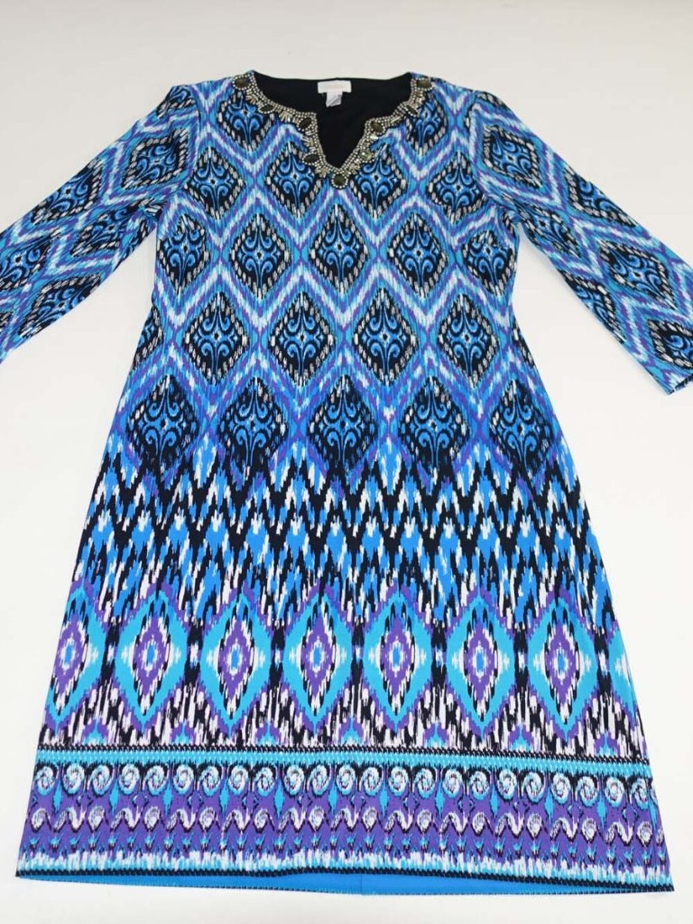 Chico's Women's Paisley Print Jeweled V-Neck Sheath Dress 3/4 Sleeves Blue Black